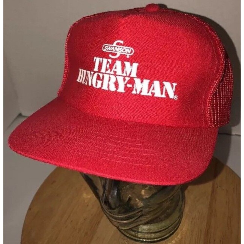 Vintage SWANSON TEAM HUNGRY-MAN 80s Red Trucker Hat Cap THIN Snapback Employee